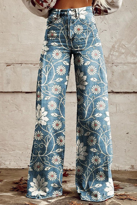 Elodie™ | Vintage Daisy Bloom High-Rise Wide-Leg Trousers