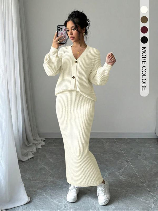 Lea | Women's Knit Button Front Cardigan and Maxi Skirt Set