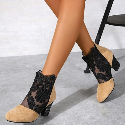 Jolie | Women's Lace Panel Pointed Toe Block Heel Ankle Boots