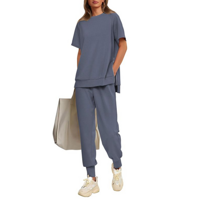Hilaria | Women's Notch Neck Short Sleeve Top and Jogger Pants Set
