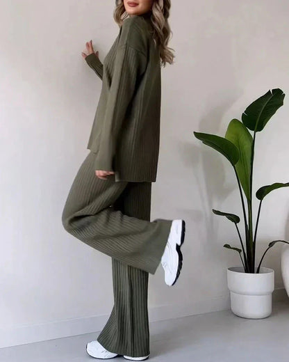 Lily | Women's Knit High Neck Sweater and Wide Leg Pants Matching Set
