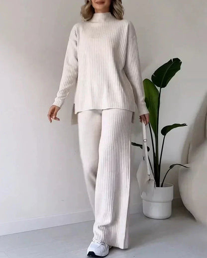 Lily | Women's Knit High Neck Sweater and Wide Leg Pants Matching Set