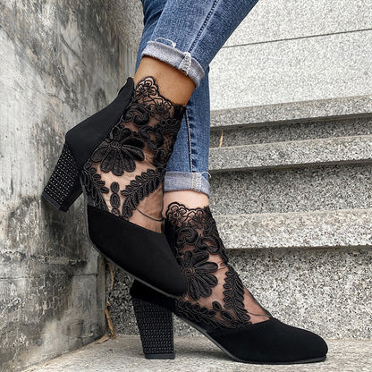 Jolie | Women's Lace Panel Pointed Toe Block Heel Ankle Boots