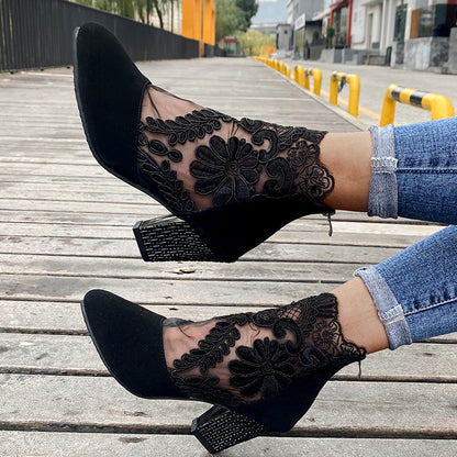 Jolie | Women's Lace Panel Pointed Toe Block Heel Ankle Boots