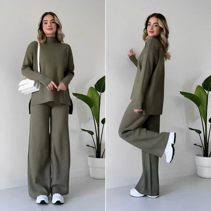 Lily | Women's Knit High Neck Sweater and Wide Leg Pants Matching Set