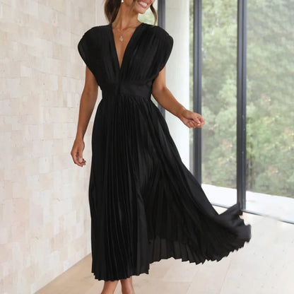 Alexis | Women's Pleated V Neck Maxi Dress with Cap Sleeves