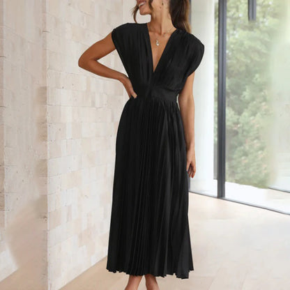Alexis | Women's Pleated V Neck Maxi Dress with Cap Sleeves