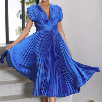 Alexis | Women's Pleated V Neck Maxi Dress with Cap Sleeves