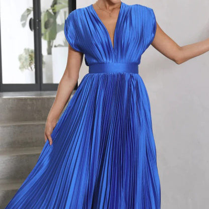 Alexis | Women's Pleated V Neck Maxi Dress with Cap Sleeves