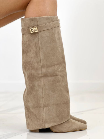 Arabella | Women's Faux Suede Fold Over Pointed Toe Knee High Boots