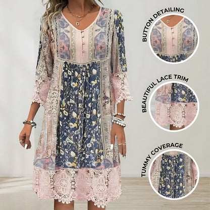 Naya | Women's Boho Floral Lace Trim Button V Neck Maxi Dress