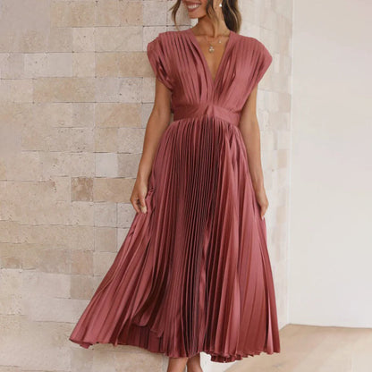 Alexis | Women's Pleated V Neck Maxi Dress with Cap Sleeves