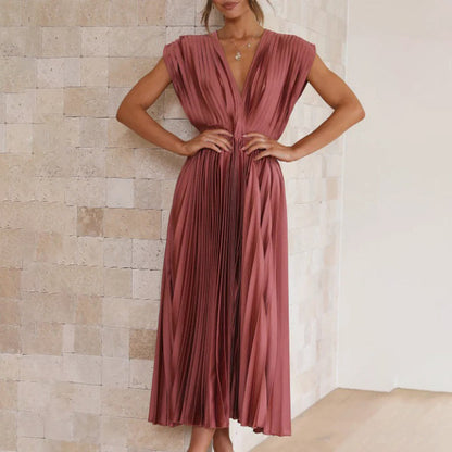 Alexis | Women's Pleated V Neck Maxi Dress with Cap Sleeves