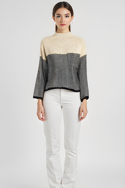 Nora | Women's Herringbone Knit Colour Block High Neck Sweater