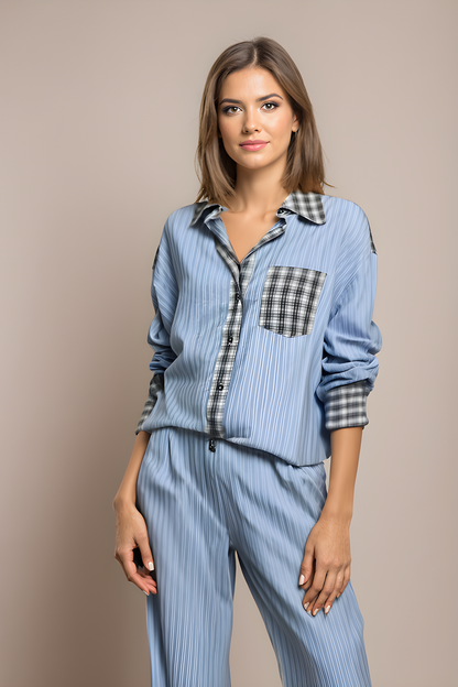 Lenya | Women's Striped Patchwork Button Up Pajama Set