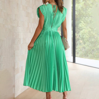 Alexis | Women's Pleated V Neck Maxi Dress with Cap Sleeves