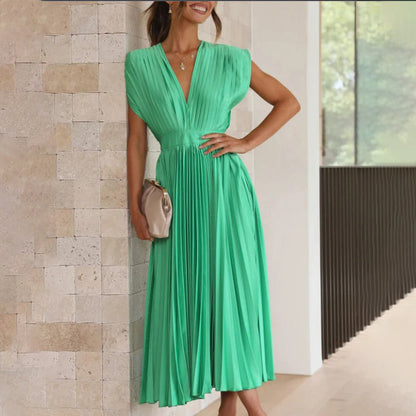 Alexis | Women's Pleated V Neck Maxi Dress with Cap Sleeves