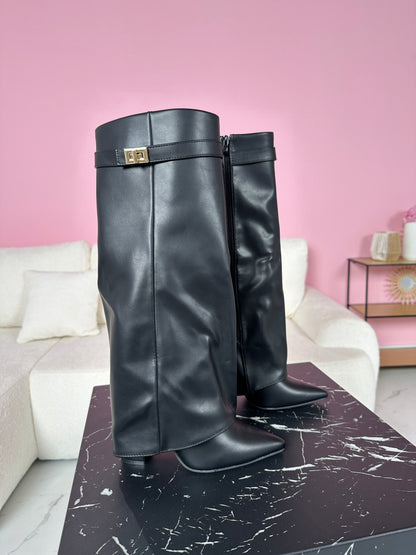 Serena | Women's Faux Leather Fold Over Pointed Toe Knee High Boots