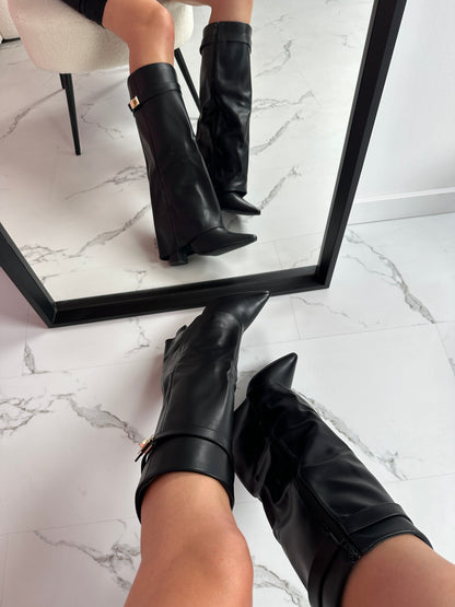 Serena | Women's Faux Leather Fold Over Pointed Toe Knee High Boots
