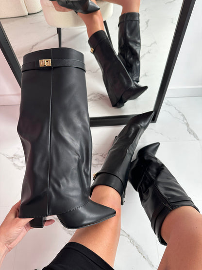 Serena | Women's Faux Leather Fold Over Pointed Toe Knee High Boots