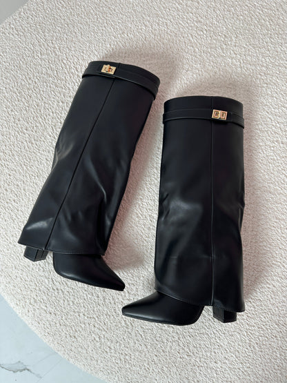 Serena | Women's Faux Leather Fold Over Pointed Toe Knee High Boots