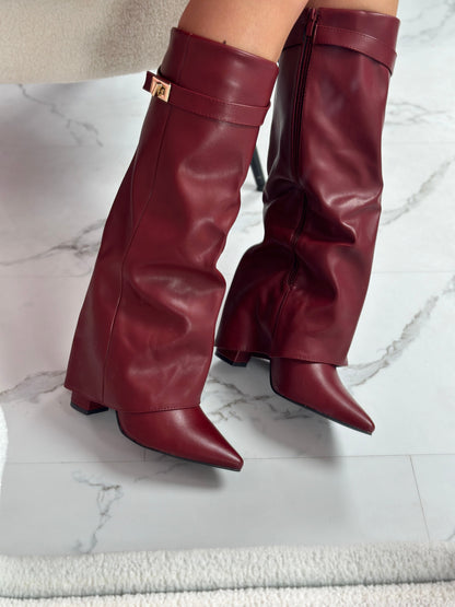 Eloise | Women's Faux Leather Fold Over Knee High Boots with Buckle