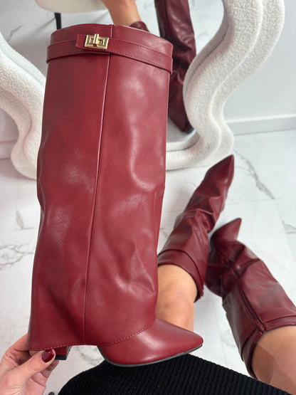 Eloise | Women's Faux Leather Fold Over Knee High Boots with Buckle