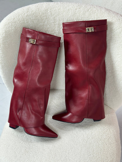Eloise | Women's Faux Leather Fold Over Knee High Boots with Buckle