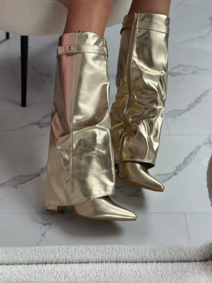 Seraphina | Women's Metallic Faux Leather Fold Over Knee High Boots