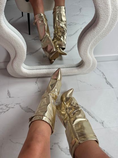 Seraphina | Women's Metallic Faux Leather Fold Over Knee High Boots