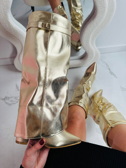 Seraphina | Women's Metallic Faux Leather Fold Over Knee High Boots