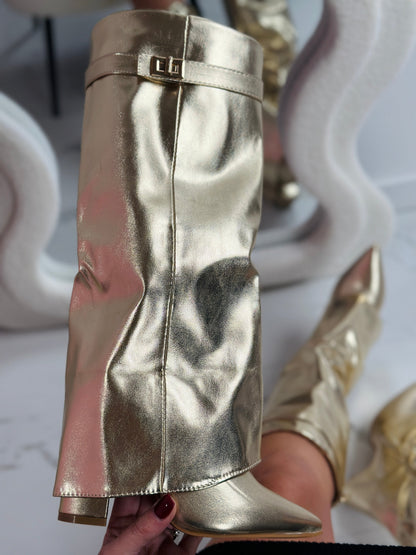 Seraphina | Women's Metallic Faux Leather Fold Over Knee High Boots