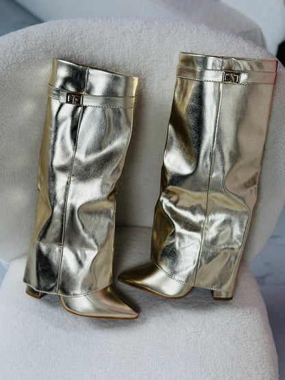 Seraphina | Women's Metallic Faux Leather Fold Over Knee High Boots
