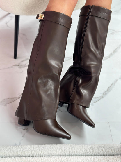 Vivienne | Women's Faux Leather Fold Over Pointed Toe Knee High Boots