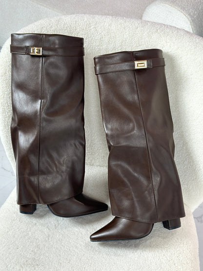 Vivienne | Women's Faux Leather Fold Over Pointed Toe Knee High Boots