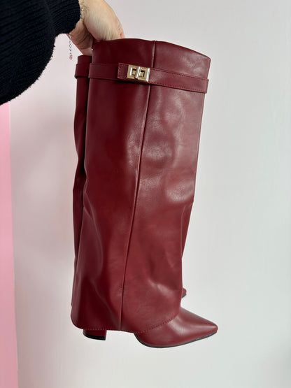Eloise | Women's Faux Leather Fold Over Knee High Boots with Buckle