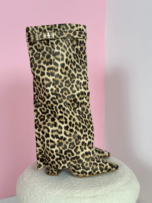 Felina | Women's Leopard Print Fold Over Pointed Toe Knee High Boots