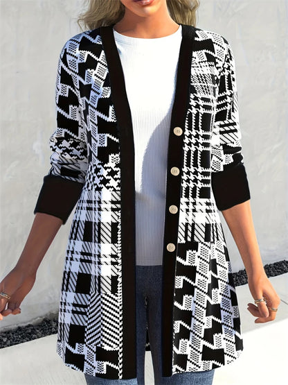 Leona | Women's Geometric Print Knit V Neck Longline Cardigan