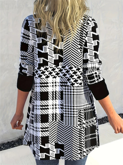 Leona | Women's Geometric Print Knit V Neck Longline Cardigan
