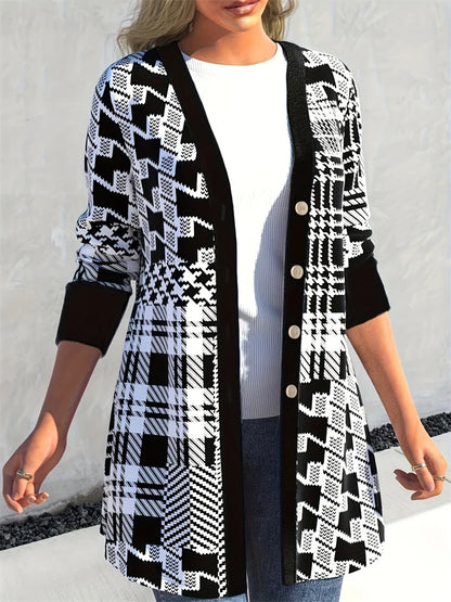 Leona | Women's Geometric Print Knit V Neck Longline Cardigan