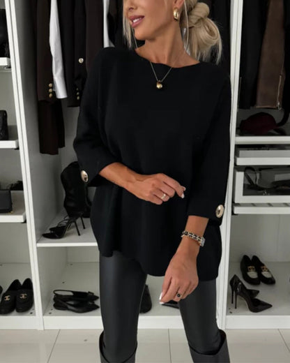 Lottie | Women's Knit Round Neck Pullover Sweater with Button Cuffs