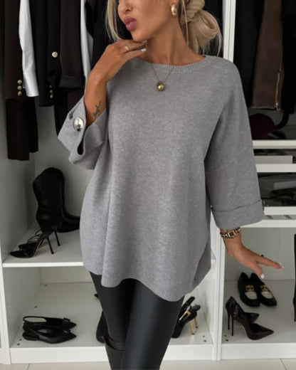Lottie | Women's Knit Round Neck Pullover Sweater with Button Cuffs