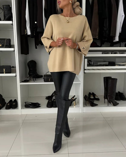 Lottie | Women's Knit Round Neck Pullover Sweater with Button Cuffs