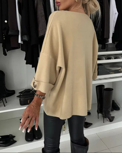 Lottie | Women's Knit Round Neck Pullover Sweater with Button Cuffs