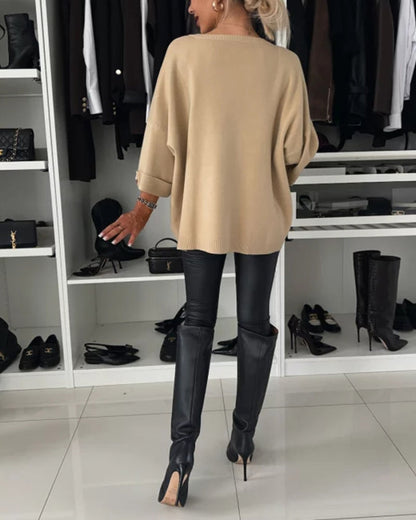 Lottie | Women's Knit Round Neck Pullover Sweater with Button Cuffs