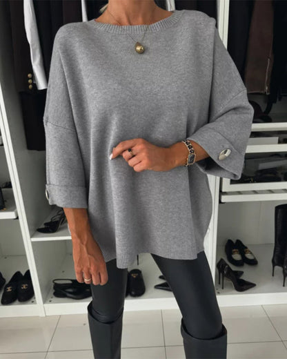 Lottie | Women's Knit Round Neck Pullover Sweater with Button Cuffs