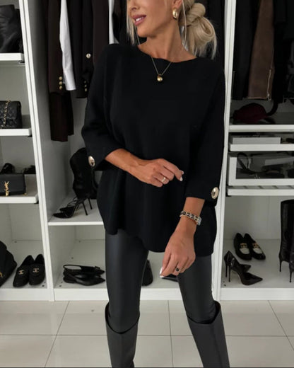 Lottie | Women's Knit Round Neck Pullover Sweater with Button Cuffs