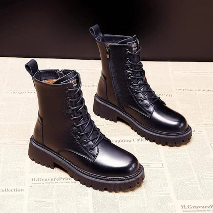 Lyra | Women's Faux Leather Fur Lined Lace Up Winter Combat Boots