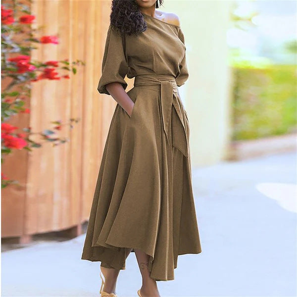 ZEBY™ - Elegant Women's Belted Bishop Sleeve Boat Neck A-Line Dress