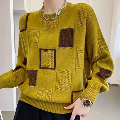 Lina | Women's Patchwork Pointelle Knit Crew Neck Sweater